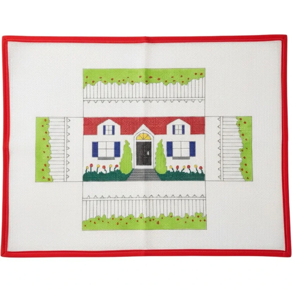 Vintage 3D House Hand Painted Needlepoint Canvas Architectural Cottage 1980s